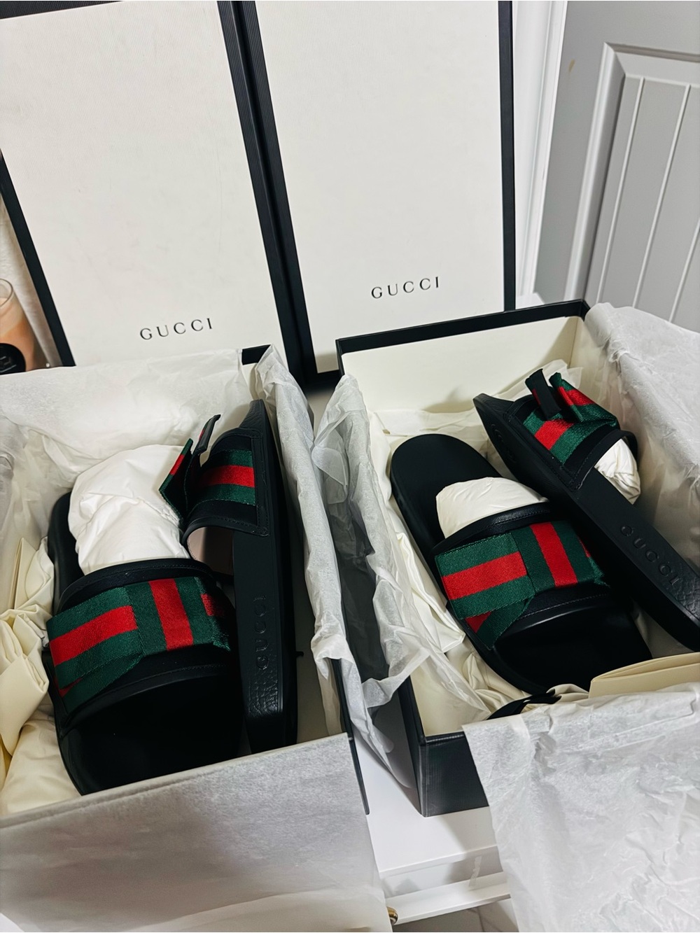 New Gucci Black Slides with Green and Red Webbing